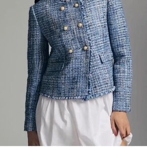 NWT SZ18 Maeve Blue Tweed Double-Breasted Jacket with Gold Pearl Buttons